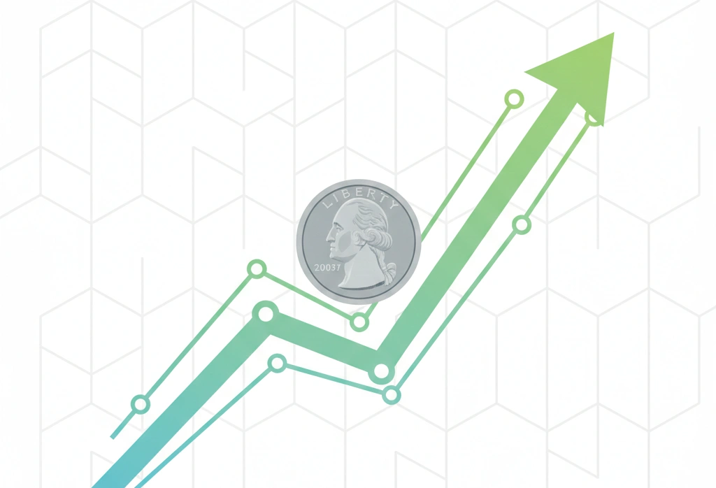 A 2003 quarter placed over a rising value chart