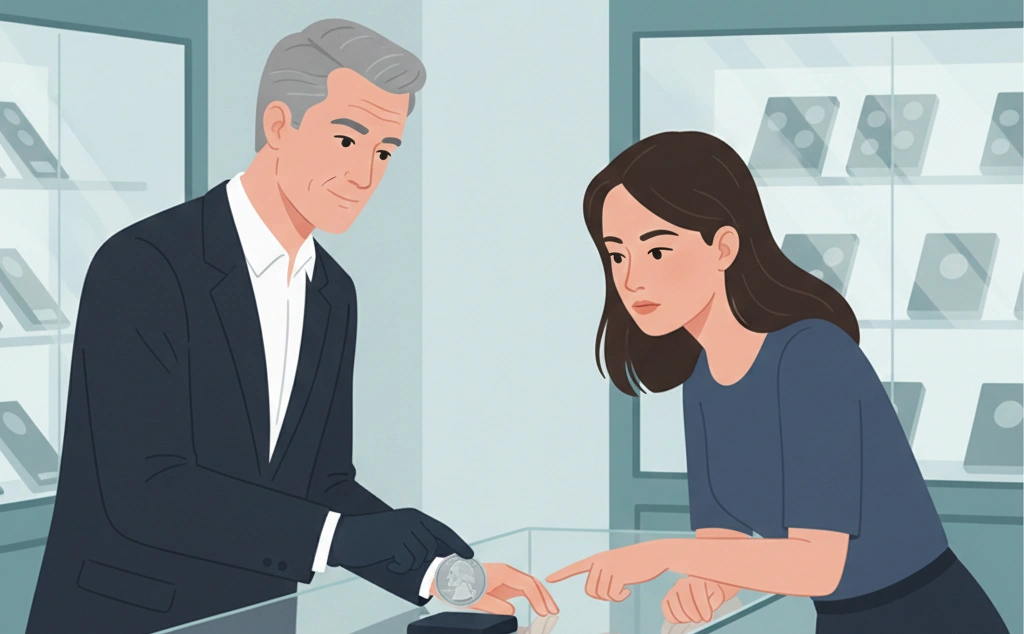 A dealer presenting a 2003 quarter to a buyer across a glass counter