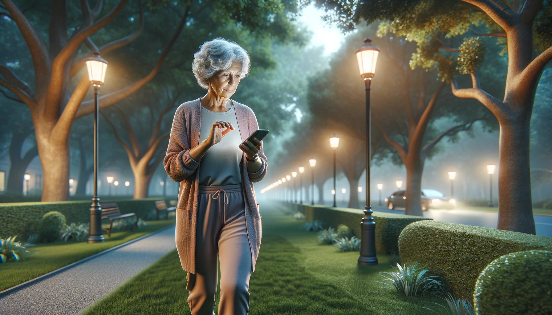 an elderly woman walking in a park during the evening. She is wearing comfortable walking clothes and holding a smartphone in her hands, checking the screen while walking on a grassy path.
