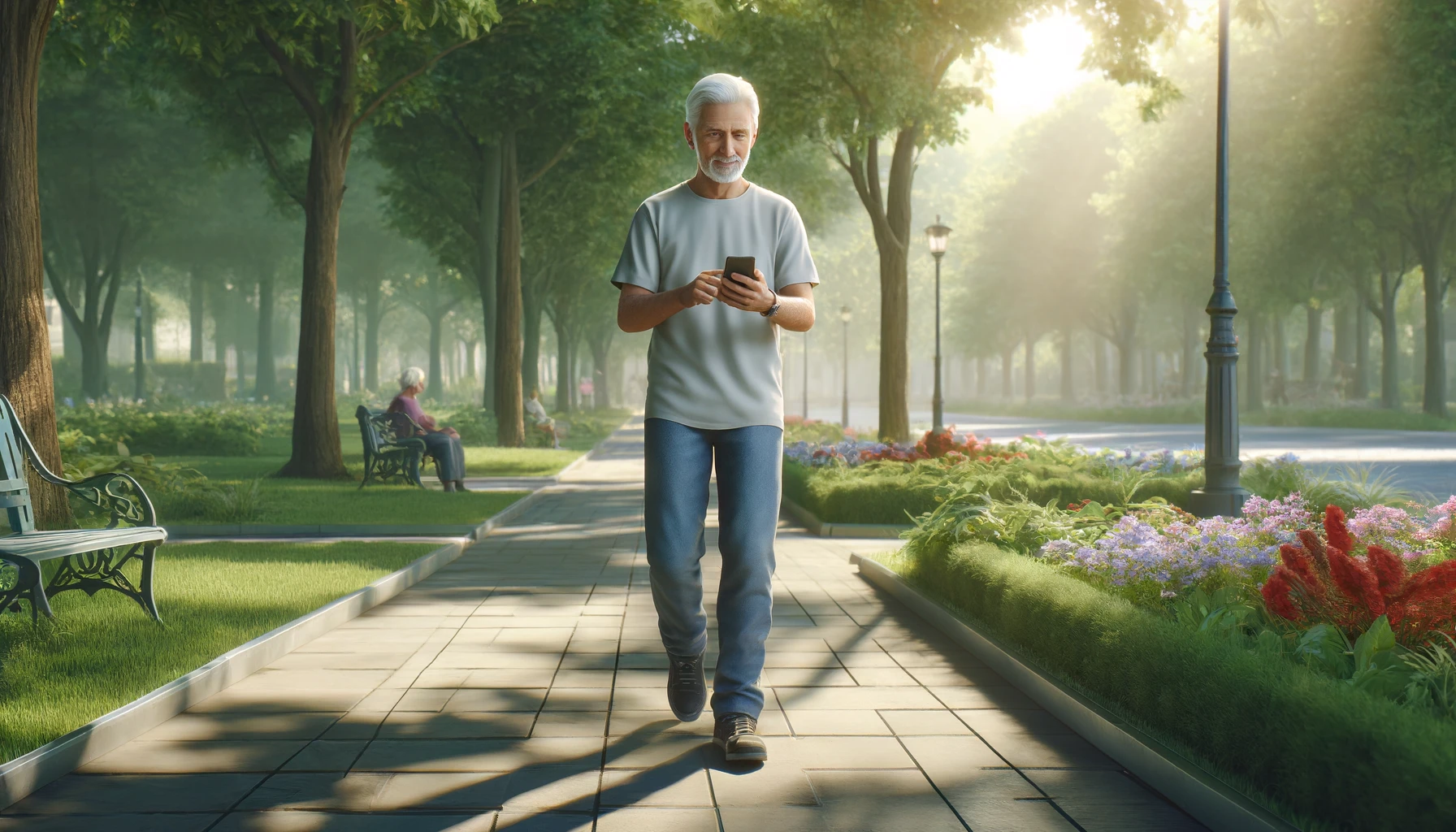 an elderly man walking in a park during the daytime. He is casually dressed and holding a smartphone in his hands, looking at the screen while walking on a paved path.