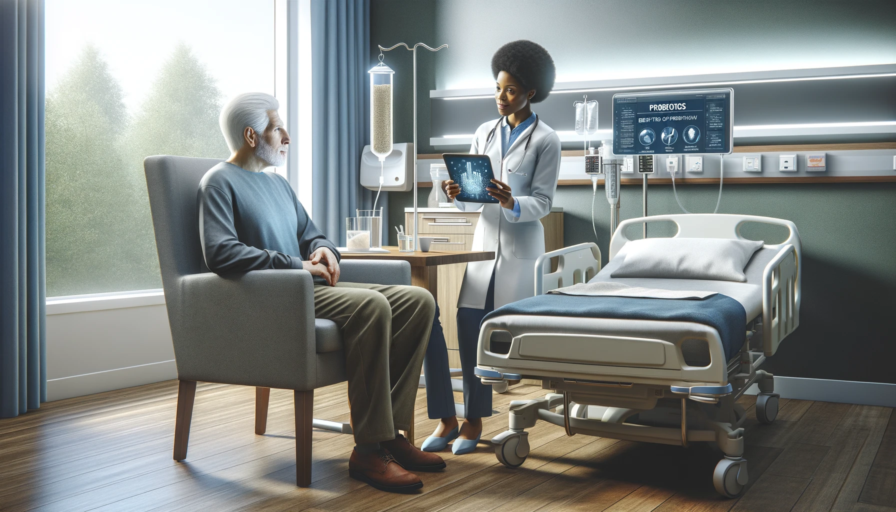 a hospital environment where an elderly man is being educated on the use of probiotics by a healthcare professional.