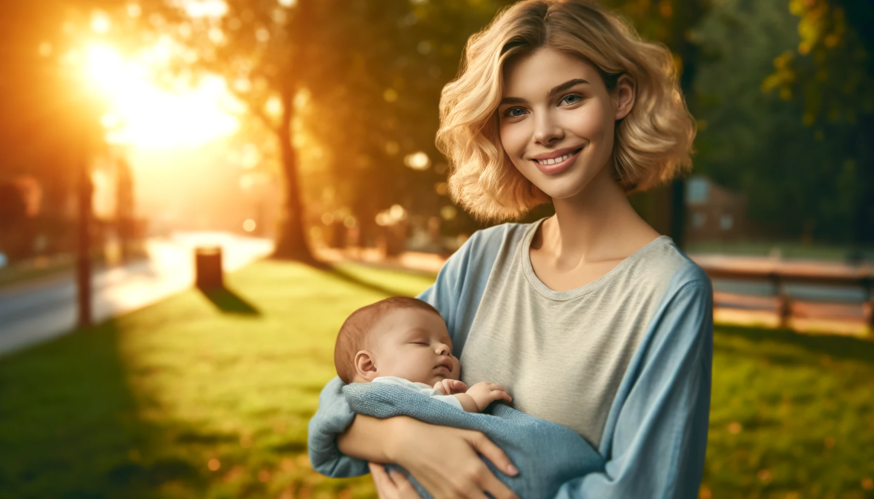 a young woman with short blond hair holding a sleeping baby in her arms outdoors during golden hour, in a serene park setting.