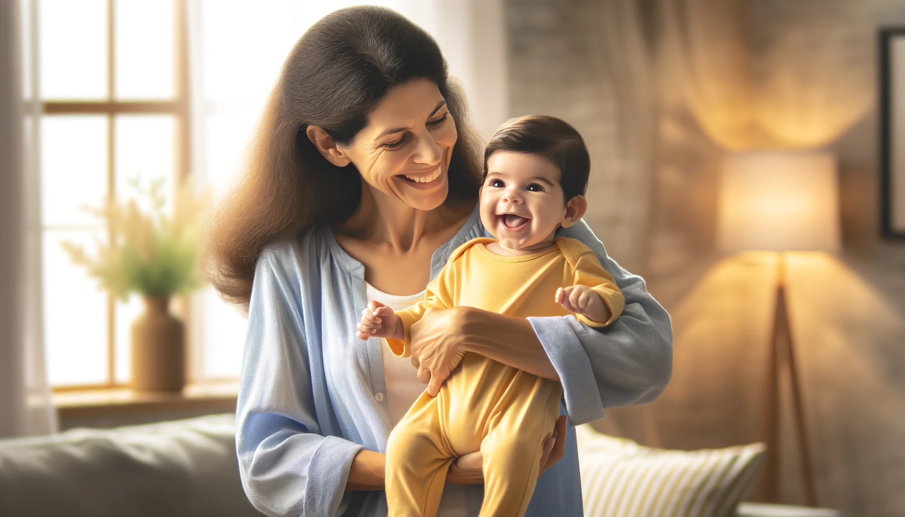 a middle-aged Hispanic woman holding a laughing baby indoors, in a cozy living room environment.