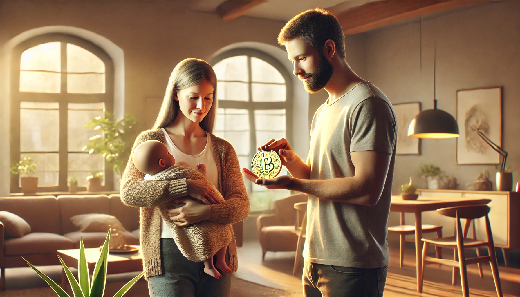 A woman is holding a baby in her arms and a man is standing beside her, showing a gold coin in the palm of his hand, which was bought for his baby.