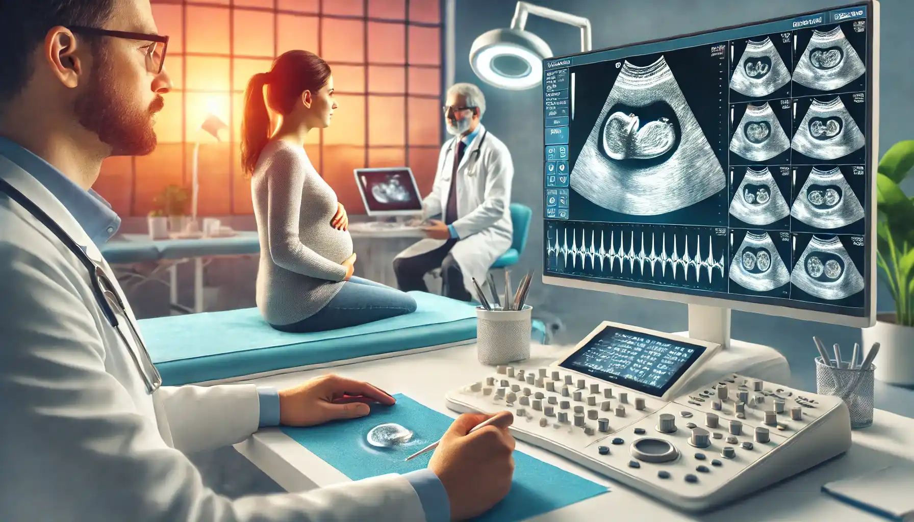 a medical screening process for surrogacy, showing a surrogate mother during a transvaginal ultrasound procedure in a well-equipped clinic.