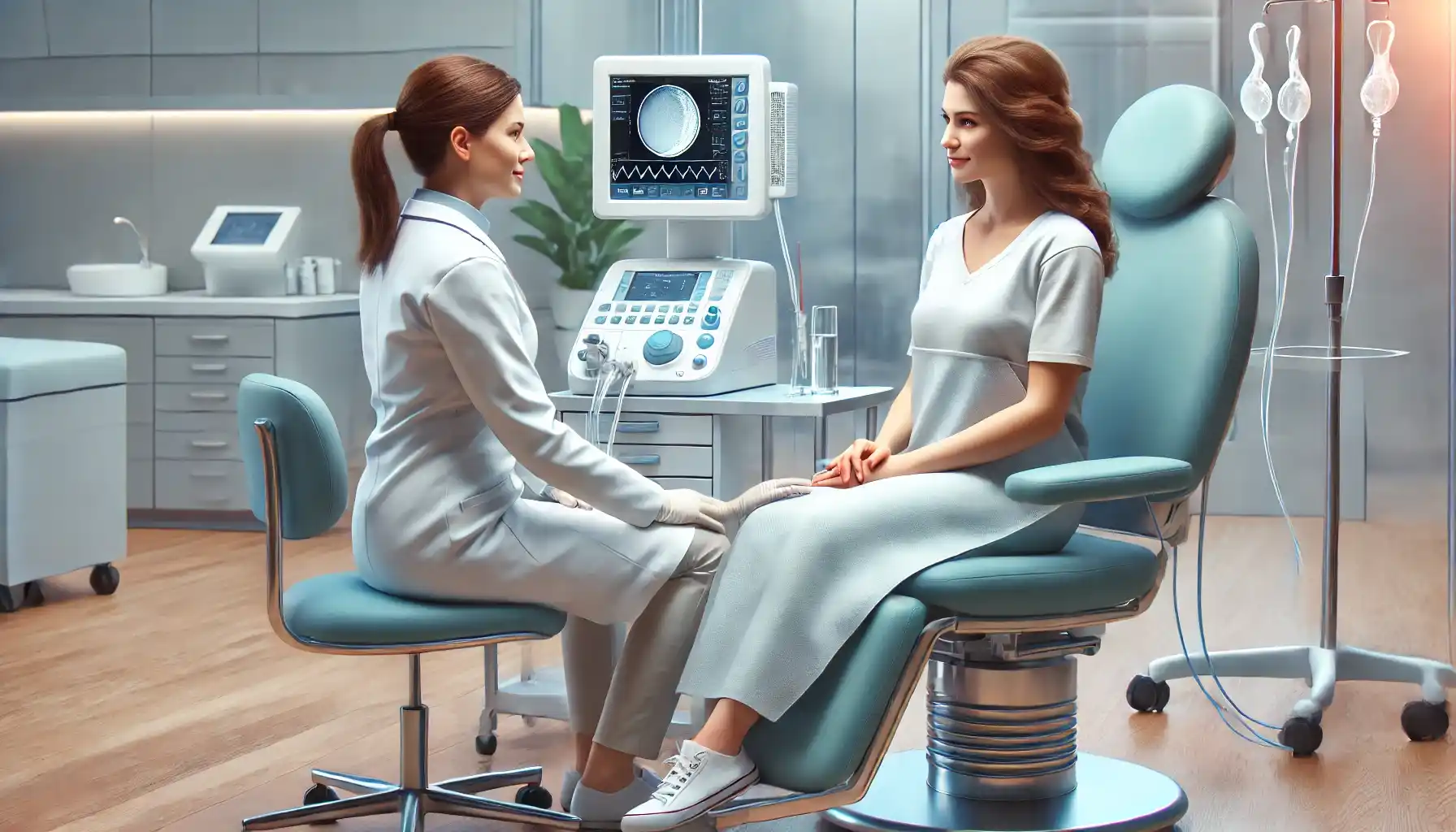 a supportive interaction between an egg donor and a medical professional in a well-equipped clinic during an egg retrieval procedure.
