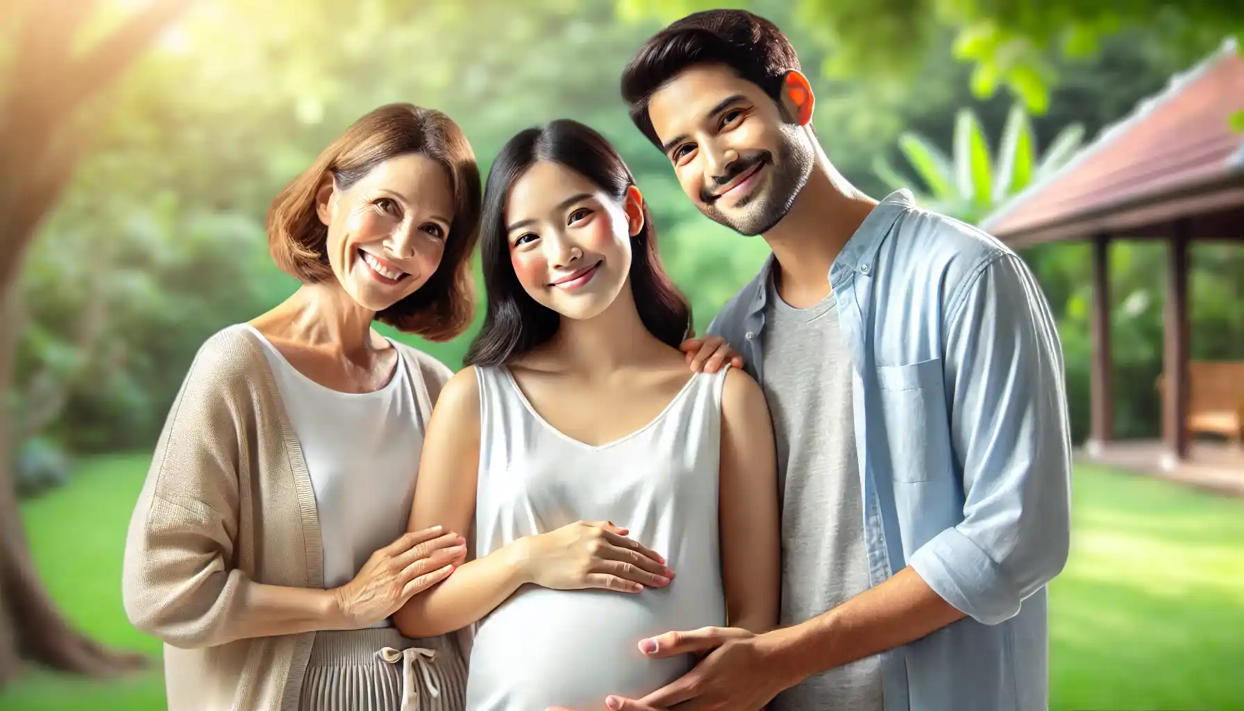 a surrogate mother gently holding her baby bump, with intended parents beside her in a serene outdoor setting.