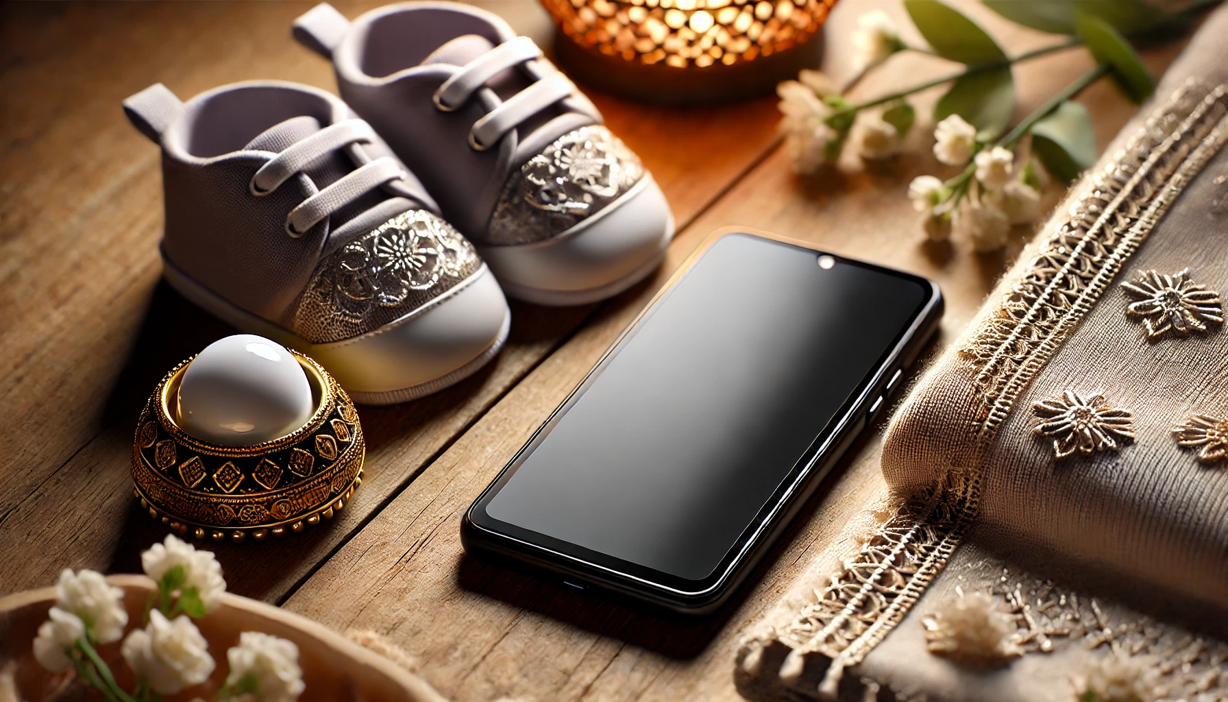 A pair of baby shoes and a cozy baby blanket are arranged on a wooden surface next to a smartphone, symbolizing the juxtaposition of motherhood and modern technology.