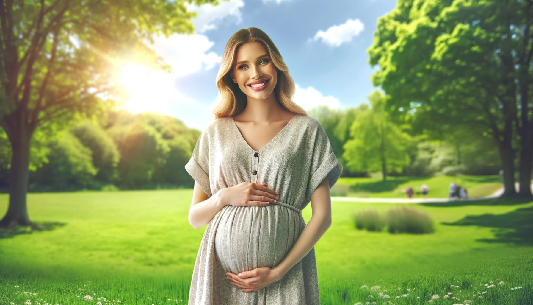 A smiling pregnant woman standing in a lush green park, wearing a comfortable dress. The background shows trees, grass, and a sunny sky, creating a peaceful and joyful atmosphere.
