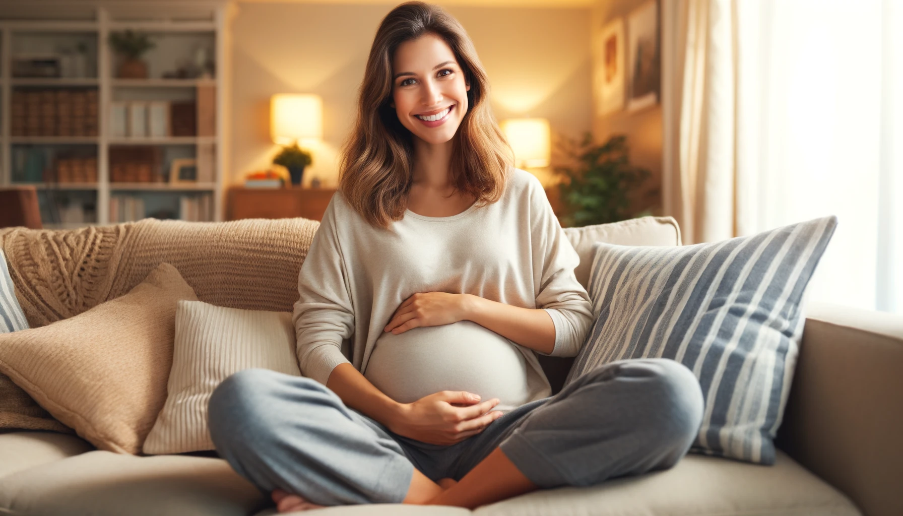A smiling pregnant woman sitting on a comfortable sofa in a cozy living room. She is wearing casual, comfortable clothing and gently cradling her baby bump.