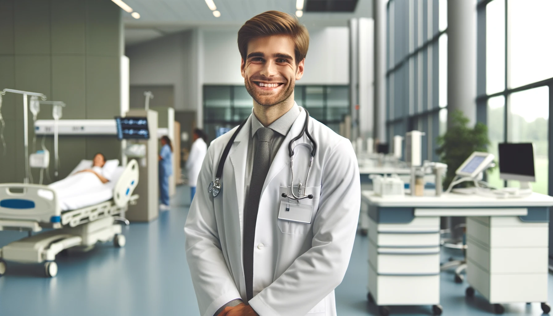 A smiling doctor standing in a modern hospital. The doctor is wearing a white coat and has a stethoscope around his neck.