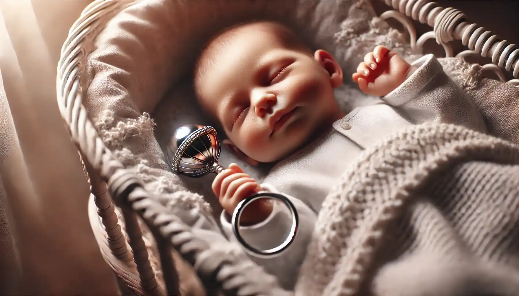 A newborn baby is lying in a cozy cradle, gently holding a silver baby rattle in their tiny hand.