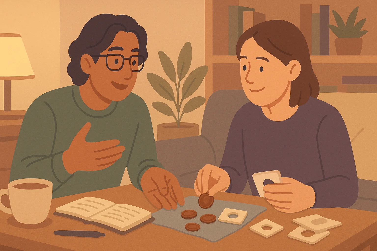 Two friends sort coins together at home.