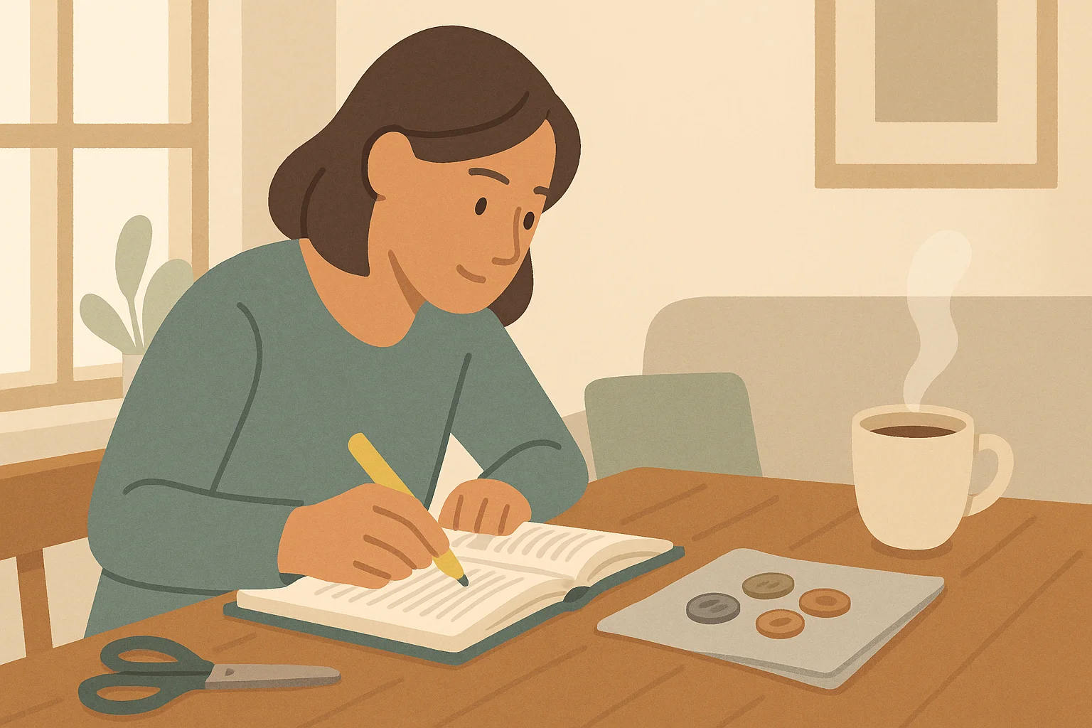 A woman takes notes on coins sitting in the kitchen.