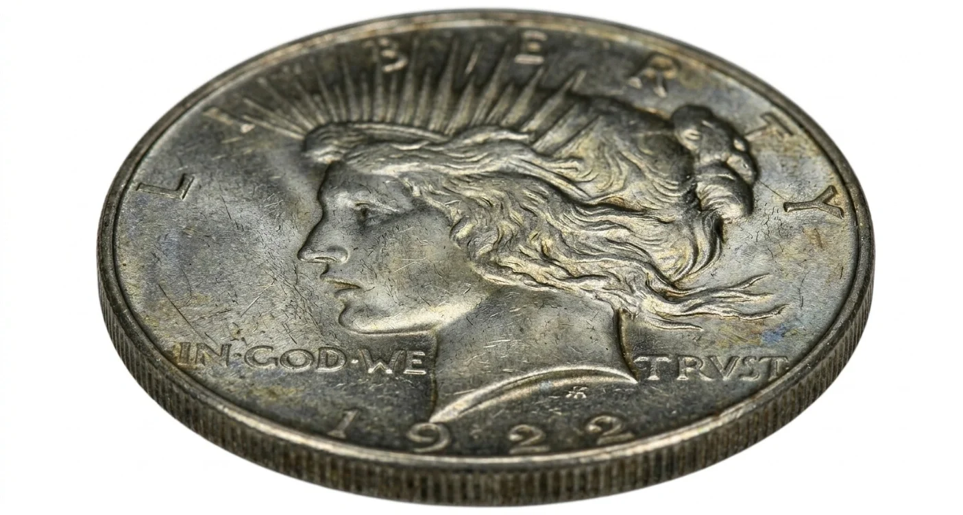 Detailed macro shot of a 1922 silver dollar showing fine scratches and patina