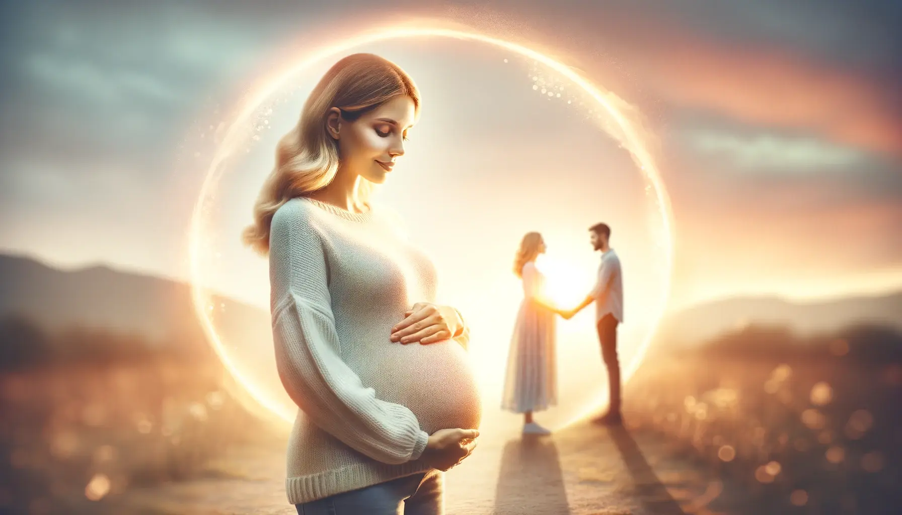 A surrogate motherhood. In the center, a pregnant woman stands with a gentle, content expression, cradling her belly with both hands.