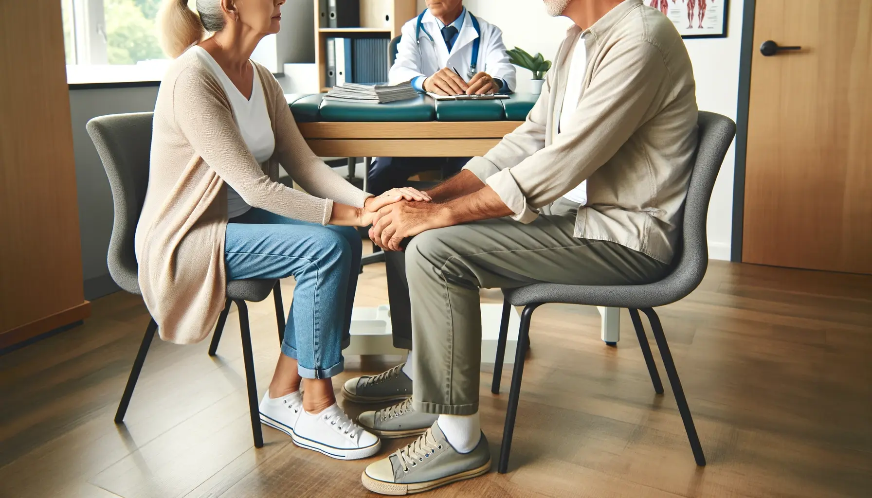 A mature couple holding hands, sitting side by side in a doctor's office, conveying a sense of support and unity.