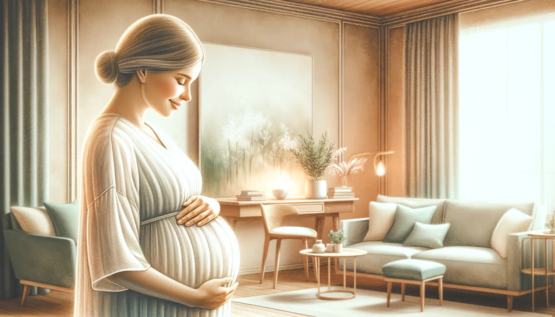 A surrogacy mother, depicted in a realistic style, showcasing a moment of serene beauty and deep connection.