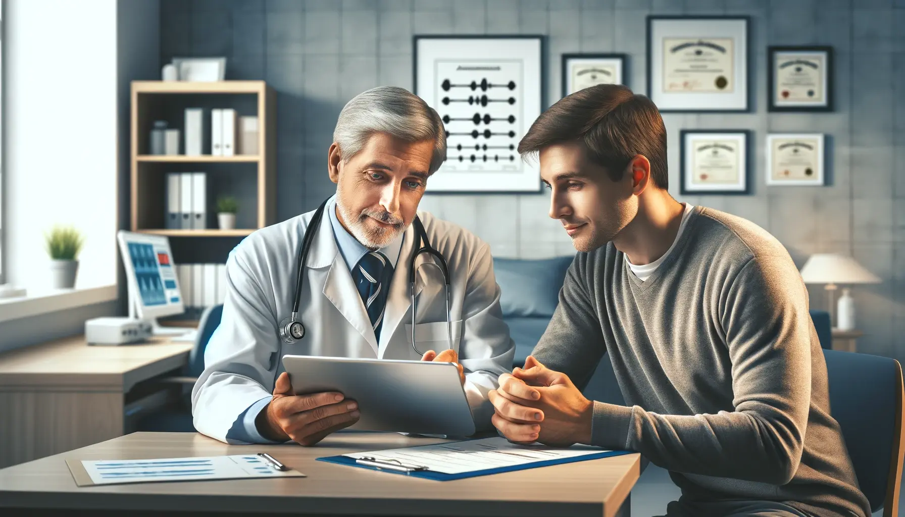 An experienced middle-aged family doctor, showing analysis results on a tablet computer to a male patient during a consultation in a health clinic.