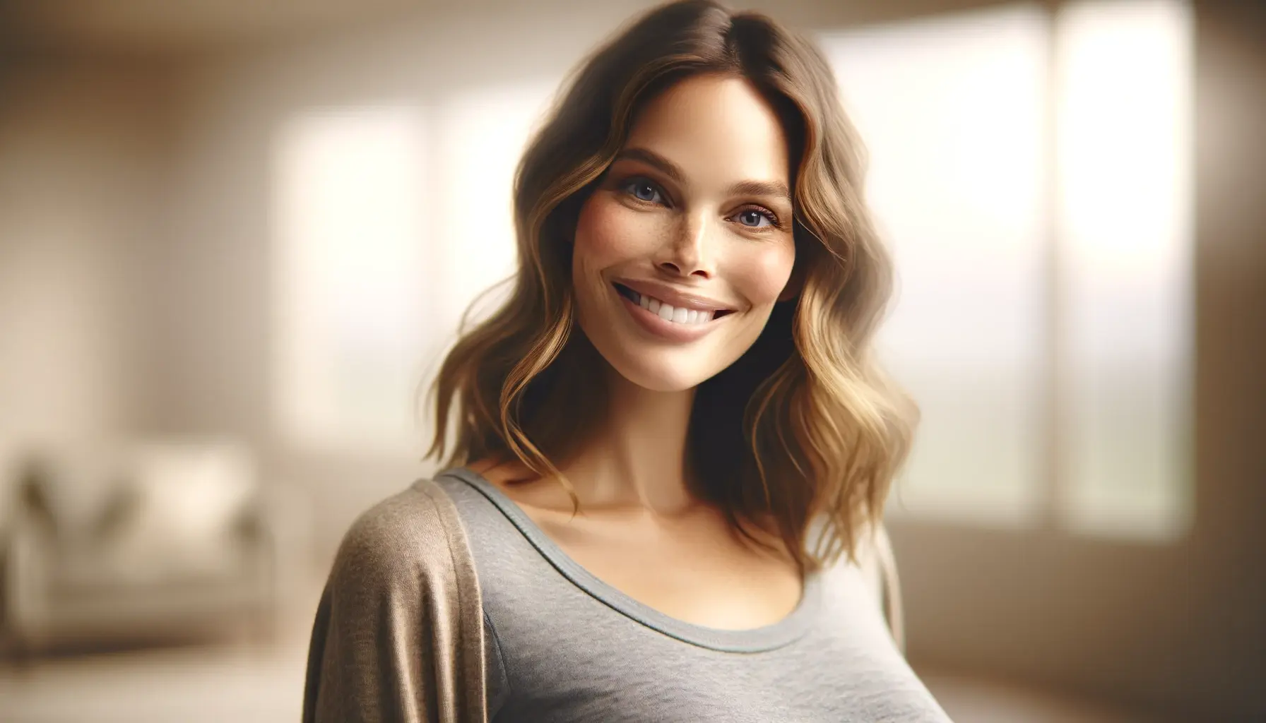 A beautiful smiling pregnant woman in a serene setting, captured in a realistic style.